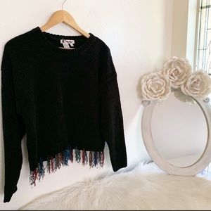 Black Vintage Sweater with Fringed Hem